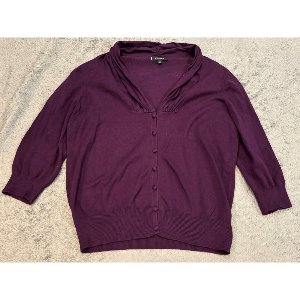 Anne Klein Womens 1X Purple Pleated Shawl Collar Button Front Cardigan Sweater